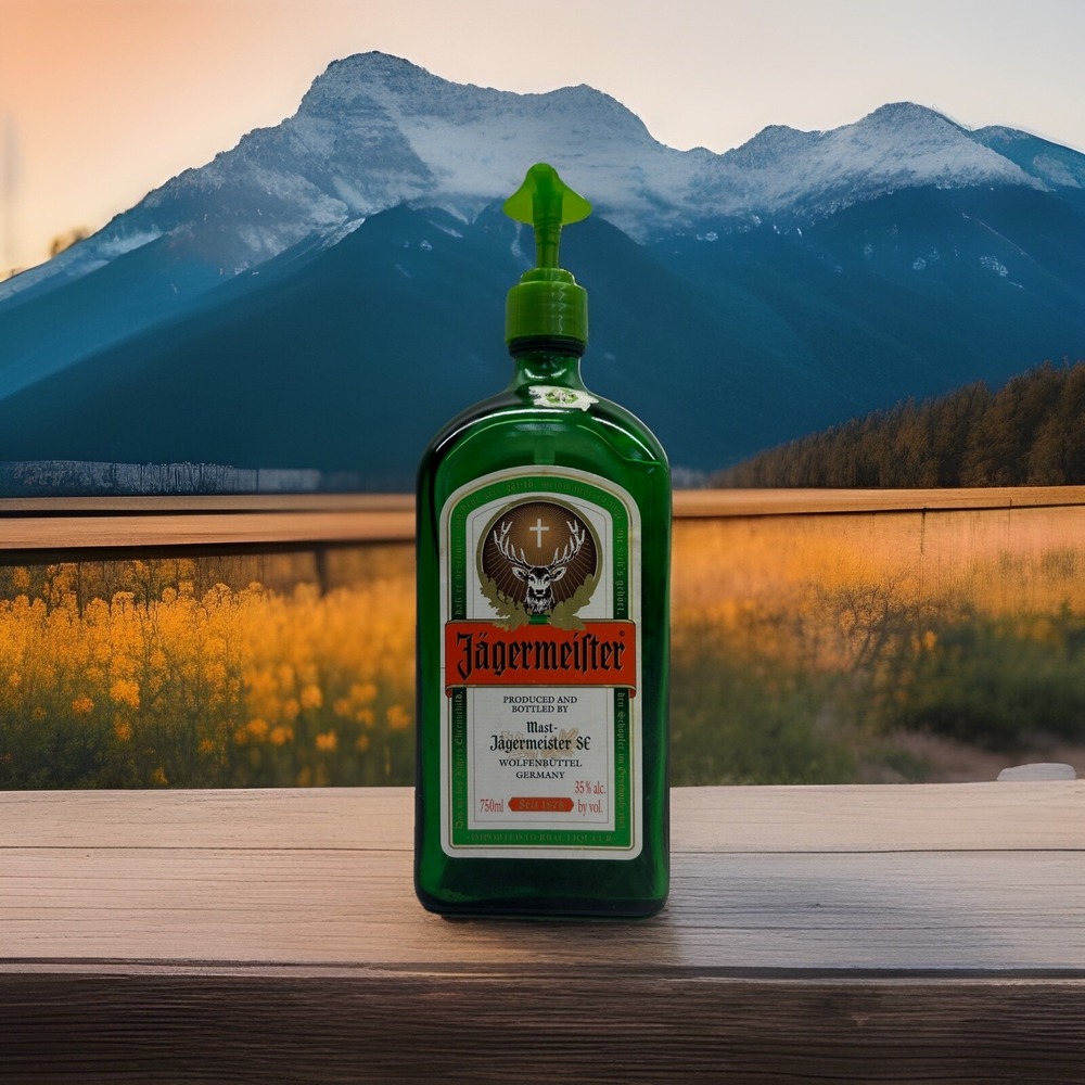 Soap or Lotion Dispenser Repurposed Jagermeister Alcohol 12oz Bottle Green Glass